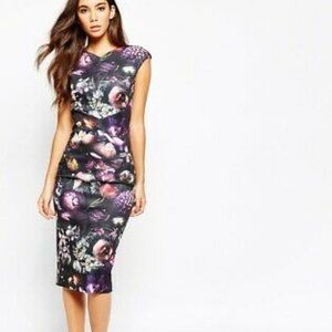 Ted Baker Shadow Floral Cap Sleeve Pencil Midi Dress Scuba